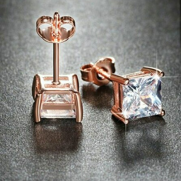 Jewelry - 18k Rose Gold Diamond Cz Princess Cut Earrings